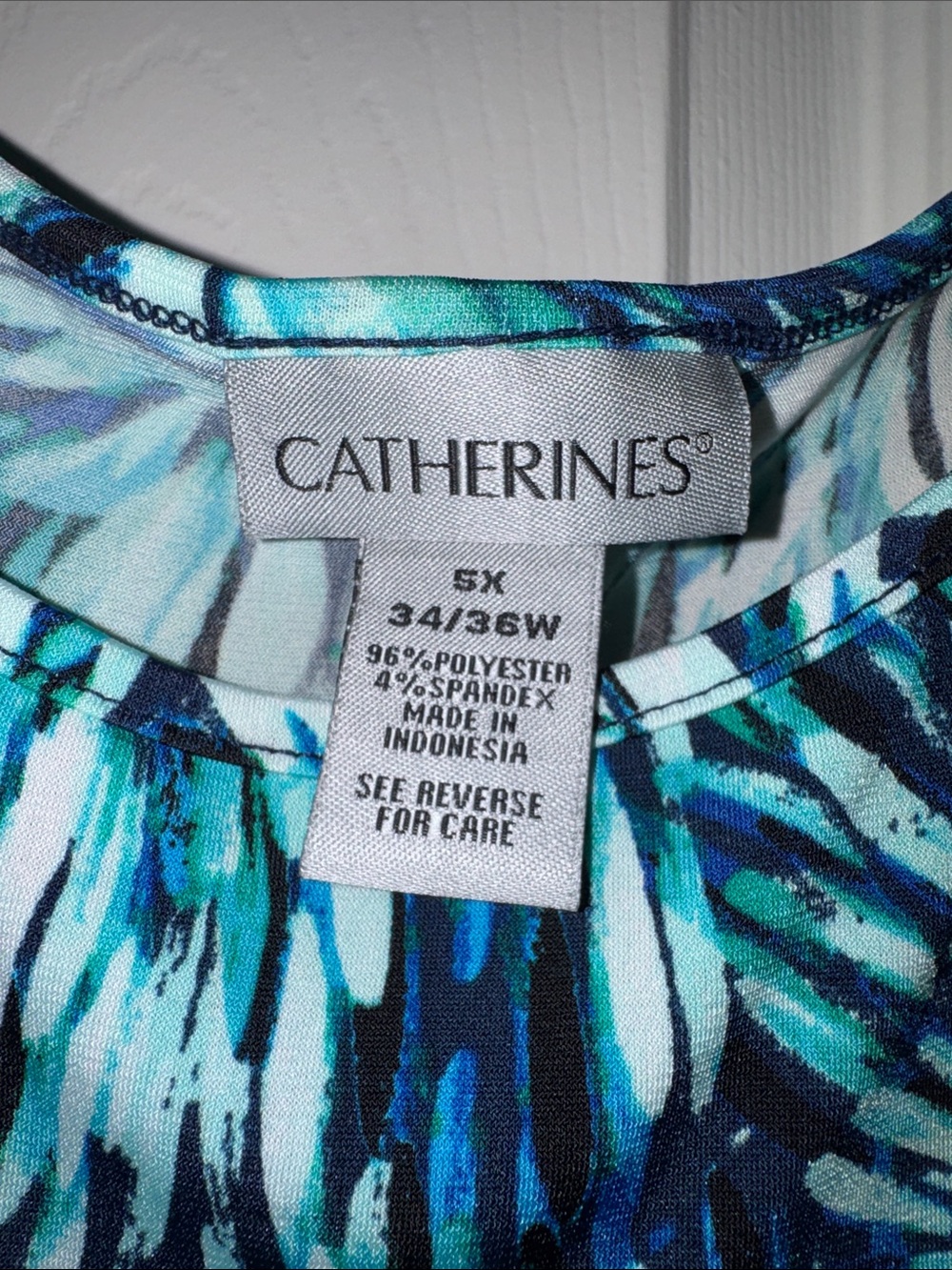 Catherines Teal and Blue Leaf-Print Cold-Shoulder Blouse - Picture 2 of 5